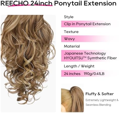 REECHO Ponytail Extension, 24" Claw Clip in Long Curly Wavy Ponytail Hair Extension Jaw Clip on Pony Tails Hairpiece for Women - Light Brown with Highlights - Image 2