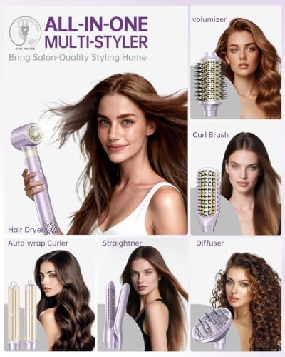 Hair Dryer Brush 7-in-1 Dual Voltage Hot Air Styler – Fast-Drying 110,000 RPM Ionic Blow Dryer with Straightener & Curler Attachments, Frizz-Free Volumizing Styler with Protective Hard Case-Purple - Image 3