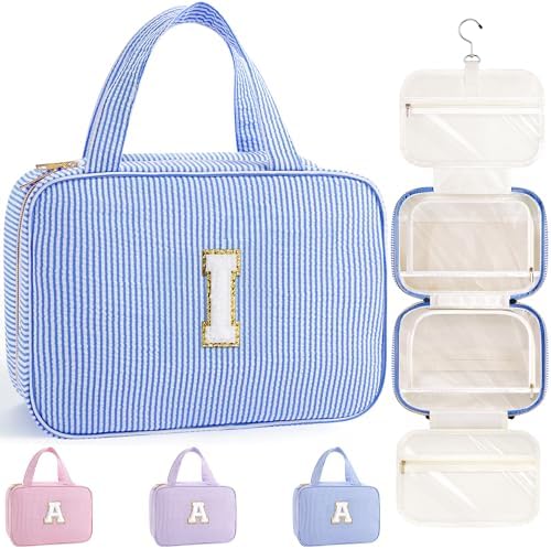 TOPEAST Travel Toiletry Bag for Women - Hanging Toiletry Bag Makeup Bag, Portable Toiletries Cosmetic Bag, Airplane Travel Essentials - Letter I, Blue by TOPEAST