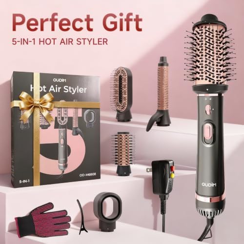 OUDIM 5-in-1 Hot Air Styler & Hair Dryer Brush, 1200W Ionic Multi-Styler for Fast Drying, Smooth Blowouts, Volumizing & Curling, 5 Attachments, 3 Heat Settings, Black/Rose Gold - Image 2