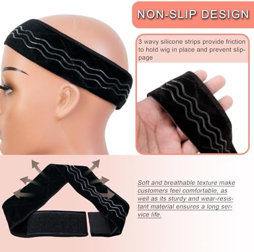 Wig Grip Band Flexible Velvet Scarf Adjustable Comfort Headband Wig Comfort Non-Slip Adjustable Fasten Wig Bands with Wavy Silicone (Black) - Image 6