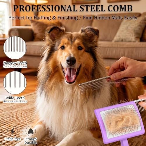 Long Pin Slicker Brush & Dog Comb Set for Doodles Grooming, Purple - Image 6