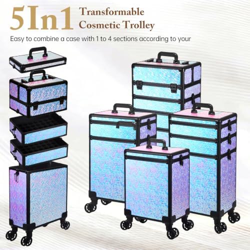 5 in 1 Rolling Makeup Train Case Professional Cosmetic Trolley Large Storage Organizer on Wheels for Hairstylist Artist Nail Beauty Salon Barber Shiny Purple - Image 7