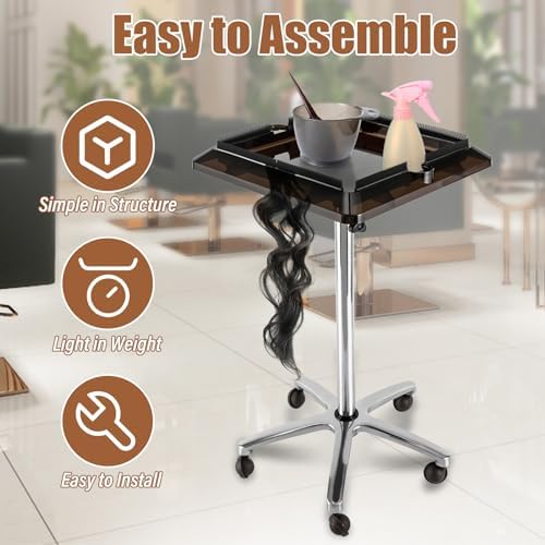 Hair Extension Holder, Rolling Salon Hair Extension Tool, Stainless Steel Tray Cart Height Adjustable, Removable Hair Extension Tool Tray with Wheel, Rolling Salon Tray Cart Black - Image 3