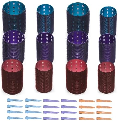 Aluminum Metal Hair Rollers for Women, Thermal Velcro Rollers for Hair, 12 Pack Self Grip Design with 24 Clips & Canvas Bag for Blowout Volume, Curtain Bangs, Root Lift, Waves & Long Hair, 2" & 2.4" by popcode
