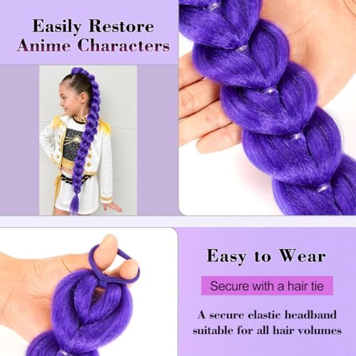Getgal 30 inch Purple Braids Ponytail Hair Pre Braiding Hair with Tie Synthetic Purple Hair Extensions for Halloween Costume kids Cosplay（30inch Braid Ponytail） - Image 3