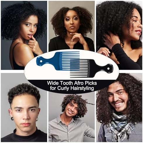 SIMPOR 2 Pcs Hair Pick Comb Wide Tooth Lift for Hair Styling Detangling, Plastic Afro Pick for Women Men, Fist Picks for Curly and Afro Hair (Metallic Blue, Black) - Image 3