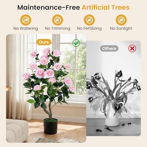 Goplus 35.5’’ Artificial Camellia Tree, Flower Plants Artificial Tree - Image 6
