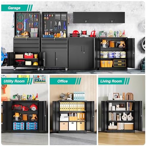 SISESOL 36 inch Metal Storage Cabinet with Doors and Shelves,Small Garage Storage Cabinet with Lock,Black Metal Cabinets with Locking Doors for Home,Office,Short Garage Cabinets - Image 4