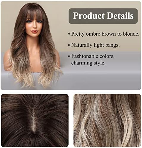 HAIRCUBE Ash Blonde Wig with Bangs Long Ombre Brown to Blonde Curly Wigs for Women Natural Synthetic Wig for Daily Use (pelucas de cabello natural) - Image 2