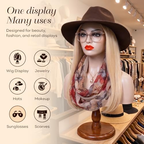Realistic Female Mannequin Head with Shoulders – Lifelike Cosmetology Manikin Display Bust for Wigs, Jewelry, Necklaces, Hats, Sunglasses, Scarves & Makeup Practice. (Beige Red Lip) - Image 5