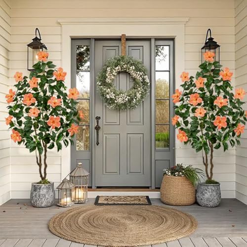 Briful Artificial Hibiscus Tree 5.25ft Tall Real Touch Fake Tree with Orange Flowers Potted Faux Plant Indoor Realistic Floor Plants for Front Porch Outdoor Home, Patio Decor - Image 2