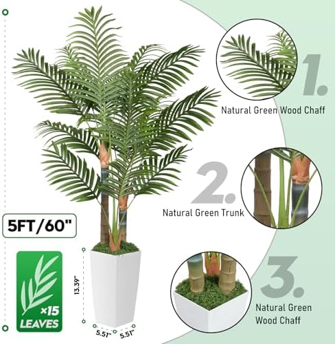 5ft Artificial Palm Tree Indoor Plant，Triple Faux Tropical Areca Floor Plant in Pot，Artificial Plants with Lifelike Leaves for Home Office Decor - Image 3