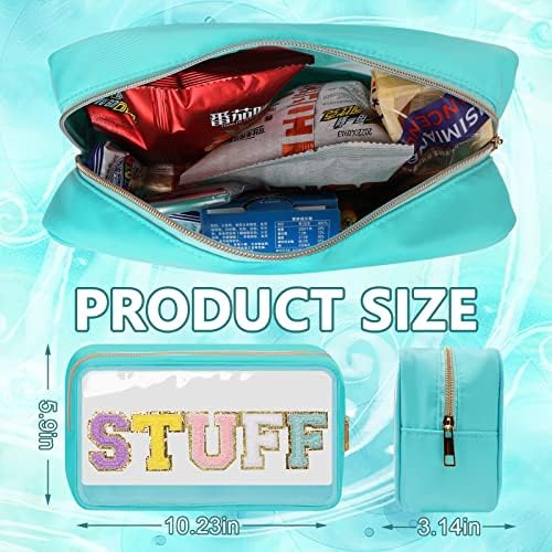Iqimott Clear Patch Makeup Bag Stuff Pouch, Preppy Personalized Chenille Letter Cosmetic Pouch for Travel, Nylon Waterproof Organizer Travel Essentials Zipper Toiletry Bags for Women Girls(Green) - Image 2