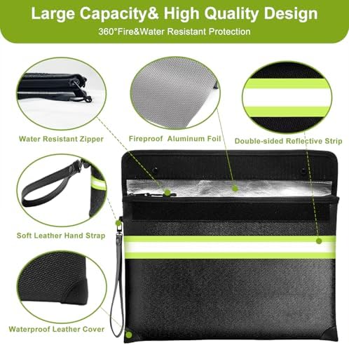 6500°F Fireproof Money Bag,Upgraded Fireproof Document Bag with Waterproof Zipper,10 Layers Heat Insulated Materials/Reflective Strip with Handle for Important Documents（11.2"x7.7"） - Image 3