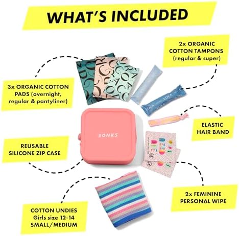 BONKS GoGo Kit - First Period Kit Ages 10-14 (S - M) - Tween Period Starter Kit - Emergency Kit for Girls - Essential Hygiene Kit - Includes Pads, Tampons, Underwear & More - Image 3