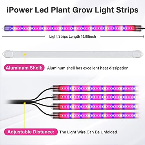 iPower 60W LED Plant Grow Light Strips Full Spectrum for Indoor Plants with Auto ON/Off 3/9/12H Timer, 10 Dimmable Levels 48 LEDs Per Tude, for Hydroponics Succulent, 4 Tubes, Mix - Image 2