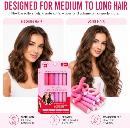My Beauty Spot Flexi Rods Foam Hair Rollers 3/4" 5/8" and 1" Diameter Professional Salon Quality 18 Pcs Rubber Hair Rollers for Long, Medium and Short Hair (Pink) - Image 7