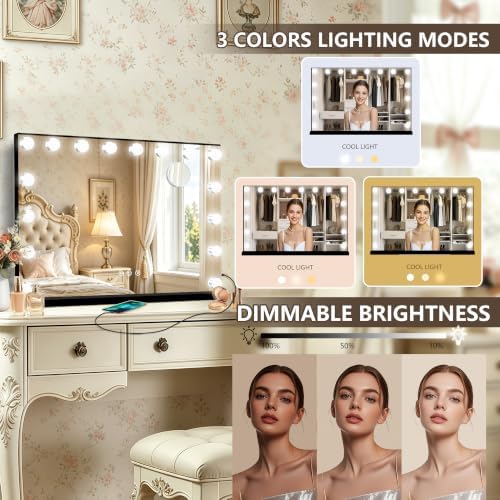 Ratsamee Black Hollywood Vanity Mirror with Lights, 17 Dimmable Bulbs, 3 Color Lights,Make Up Lighted Mirror, Aluminum Metal Frame, USB Charging Port（26" x 20"） - Image 3