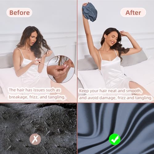 Adjustable Silk Satin Hair Bonnet for Sleeping Women, Double Layer, Silk Hair Wrap for Sleeping Women Men, Curly Natural Braid Straight Unisex - Slate Blue - Image 4