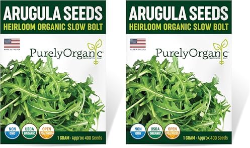 Organic Arugula Seeds (Slow Bolt) - Approx 400 Seeds - USDA Organic, Non-GMO, Open Pollinated, Heirloom, USA Origin (Pack of 2) by Purely+Organic+Products+LLC