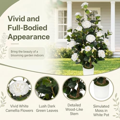 2 Pack 3FT Artificial Camellia Trees with White Flowers - Image 3
