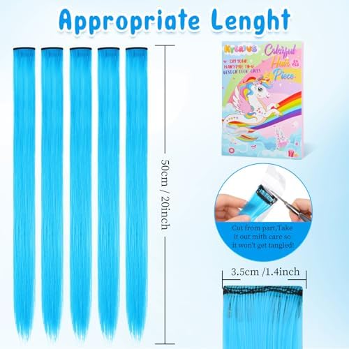 Kyerivs 24PCS Blue Hair Extensions for Girls 20Inch Rainbow Clip in Straight Synthetic Hairpieces for Girls Party Highlights Colorful Hair Accessories Halloween Gifts for Women Easter Basket Stuffers - Image 3