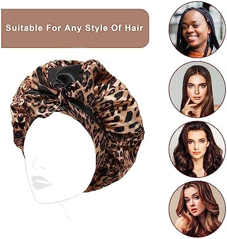 CHLINS Satin Bonnet Silk Sleep Cap for Women - Stretchy Tie Band Hair Cap for Curly Hair - Silk Wrap (Black+Leopard Print) - Image 7