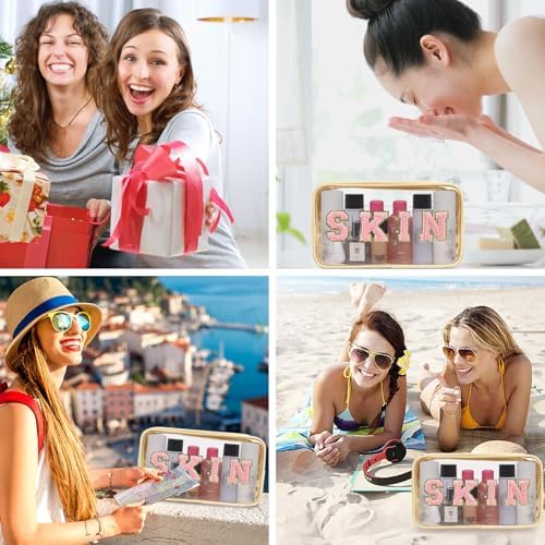 Iqimott Clear Patch Makeup Bag Skin Pouch, Preppy Personalized Chenille Letter Cosmetic Pouch for Travel, Nylon Waterproof Organizer Skin Care Zipper Toiletry Bags for Women Girls(Beige) - Image 6