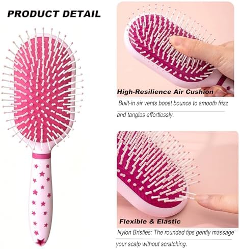 4 Pieces Hair Brush Set Detangling Hair Brush Hair Comb Set For Women Girls Gifts Cute Shaped Hair Combs Hair Brushes Handheld Mirror Sets Massage HairBrush with Air Cushion For Wet Dry Hair (Pink) - Image 2