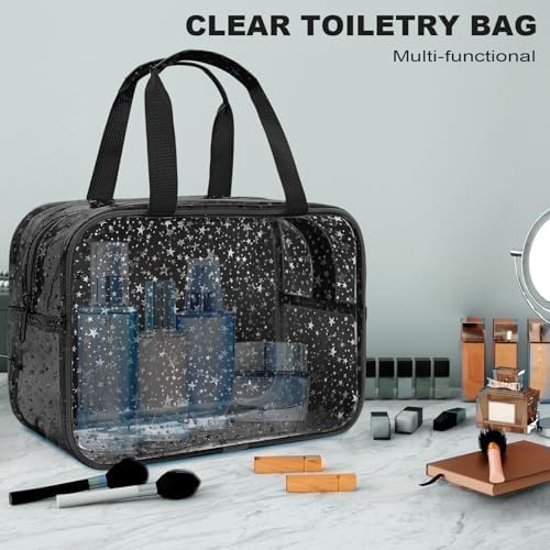 Clear Black Star Large Makeup Bag with Star Pattern 12x5x8 inch, Travel Cosmetic Bag with Handle, Durable PVC Material Washbag Zipper Opening Design for Makeup Travel Organizer or Gym Use - Image 4