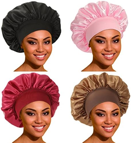 Satin Bonnet Silk Bonnet Hair Bonnet for Sleeping- 4 Pack Sleep Bonnets for Women with Wide Elastic Band for Curly Hair Braids by ROYBENS
