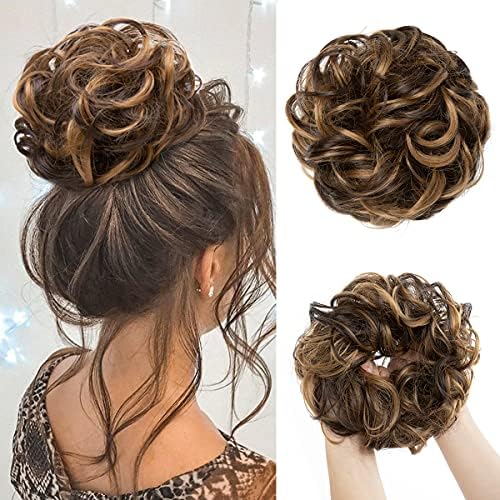 CJL HAIR Large Messy Bun Hair Piece Wavy Curly Scrunchies Synthetic Chignon Ponytail Hair Extensions Thick Updo Hairpieces for Women Dark Brown/Golden Blonde by CJLHAIR