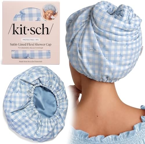Kitsch Luxury Satin-Lined Flexi Shower Cap for Women - Gingham Blue by Kitsch