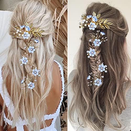 5 PCS Bridal Flower Wedding Hair Pins Crystal Pearl Hair Clips Headpiece Gold Wedding Hair Accessories Jewelry with Rhinestone for Brides Bridesmaids Women Girls Updo, Special Cream Blue - Image 6