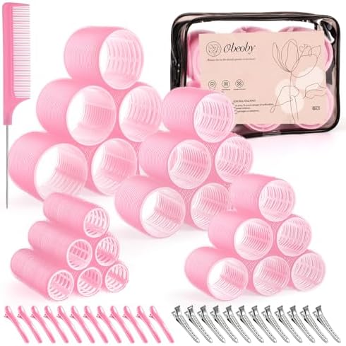 4 Sizes Self-Grip Hair Rollers Set for Long, Short Hair and Bangs - 50 Pcs with Clips (25mm, 36mm, 48mm, 60mm), Pink by obeobyhairaccessories
