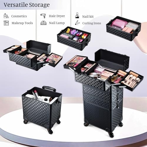 4 in 1 Rolling Makeup Trolley Train Case Cosmetic Suitcase Nail Tech Box for Makeup Artist, Hairstylists, Nail Tech Case with with Keys Swivel Wheels Traveling Trunk (Shiny Brick) - Image 2