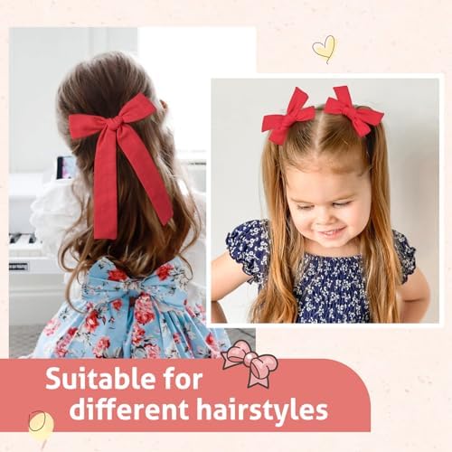 DEEKA Cotton Linen Hair Accessories Set: Red Hair Bows & Ponytail Knot Bows in 2 Sizes, Alligator Clips for Toddlers & Little School Girls - Image 4