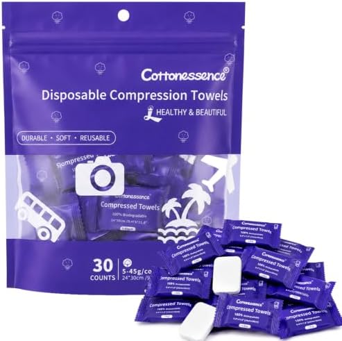 Cottonessence Premium Compressed Towels (30 count) - 30 Count (Pack of 1), 9.4" x 11.8", Portable Cotton Wipes Tablets, Individually Wrapped Coin Tissues for Travel Camping Hiking Outdoor Beauty Salon by CraftingHealthUnveilingBeauty