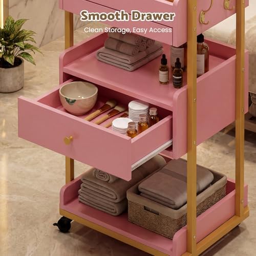 Salon Spa Cart with Storage, 3-Tier Rolling Beauty Storage Cart, Pink - Image 6