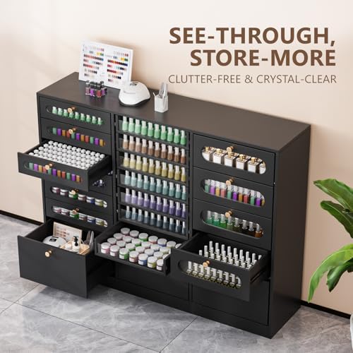 OmySalon Nail Polish Organizer Cabinet with Drawers, 47.2" L Large Nail Salon Storage for Polish & Powder, 7 Clear & 10 Visual Drawers, Wooden Beauty Salon Furniture (Black) - Image 4