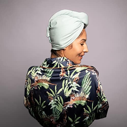 T-Shirt Hair Plopping Towel for All Textures - Cotton Blend Water Absorption Turban with Secure Button - Moisture Gentle Styling and Setting Wrap - Sage - Image 2