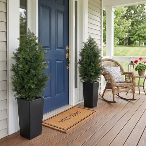 Aveyas 4ft Artificial Cedar Topiary Trees, 4 Feet Faux Potted Plants Evergreen Fake Pine Cypress Tree for Outdoor Porch Home Outside Door Decor (4 ft Tall Including Raised Pot) - Set of 2 Pack - Image 5