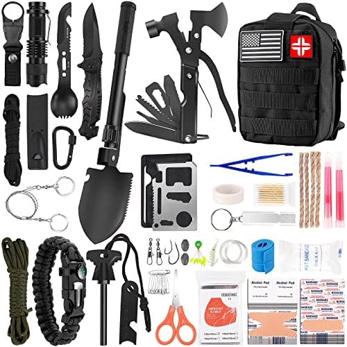 LUXMOM Survival Kit and First Aid Kit, 142Pcs Professional Survival Gear and Supplies Equipment with Molle Pouch, Gift for Fathers Day Men Dad Husband Camping Hiking Hunting Outdoor Adventure (Black) by LUXMOM
