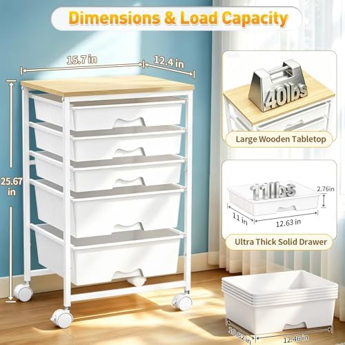 SUNALLY Rolling Carts With 5 Drawers, Storage Drawer Carts for Craft, White - Image 2