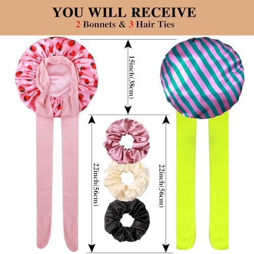 2+3 Large Satin Bonnets with Scrunchies for Women, Hair Bonnet Sleeping Tie Bonnet for Braids Curly Hair - Image 2