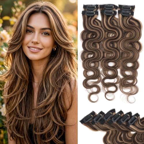 Rich Choices Clip In Hair Extension Real Human Hair-Wave/Curly 6 Pcs Single Clip Hairs Extension for Women-Invisible Mini Clips in Hairpieces-18 Inch #2RP6 Chocolate Brown Highlight Light Brown by RichChoices