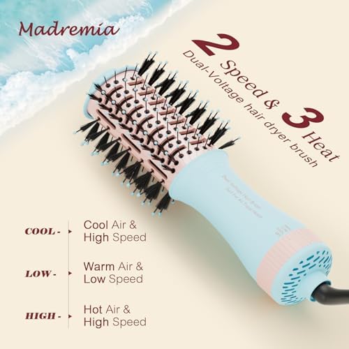 Travel Dual Voltage Hair Dryer Brush 4-in-1 Portable Mini Hot Air Blow Dryer Straightener & Curler Brush, Titanium Round Blowout Styler Volumizer Tools, 110/240V US/EU/UK -Baby Blue & Light Pink - Image 3