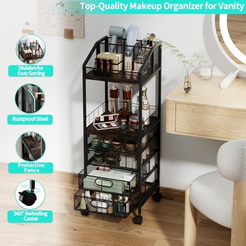HapiRm Makeup Organizer Storage Cart - Floor Skincare Make Up Storage with 4 Drawers, Rolling Makeup Cart Vanity Organizer Cosmetics Display Cases Holder for Skin Care Perfume Nail Polish - Image 5