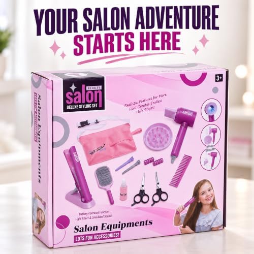 18 PCS Girls Beauty Hair Salon Toy Kit with Hairdryer, Straightener & Styling Accessories, Fashion Pretend Play Doll Stylist Set for Kids and Toddlers - Image 7